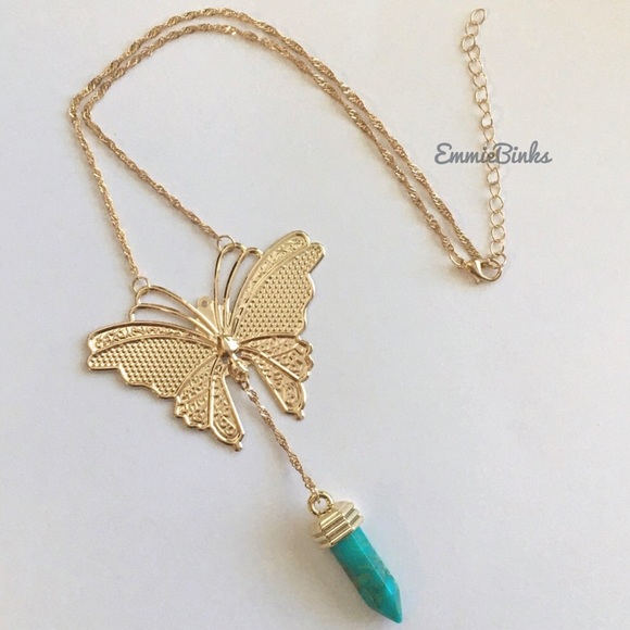 💥3for$28  New Golden Butterfly & Turquoise Marbled Crystal Charm Necklace - Picture 2 of 14